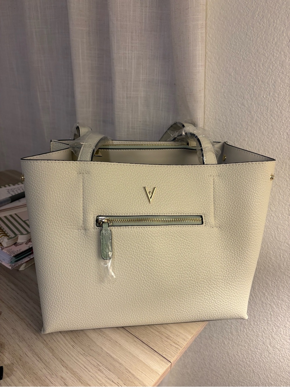 V Statement Cream Tote Bag with Front Zip Pocket